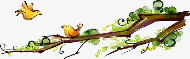 手绘水彩卡通树枝小鸟免抠