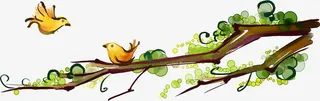手绘水彩卡通树枝小鸟免抠