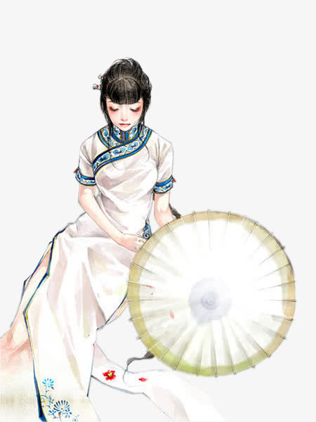 白色旗袍执伞美女古风手绘免抠