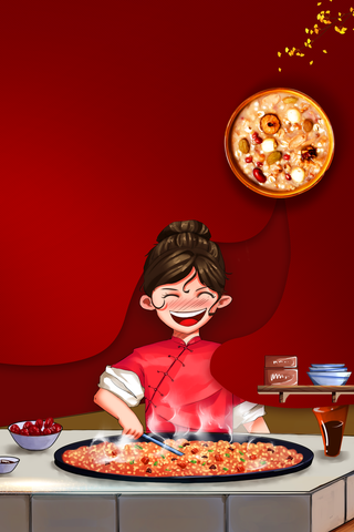 腊八节腊八粥手绘人物树枝红色背景高清