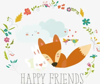 矢量图水彩花环狐狸免抠