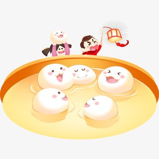手绘卡通人物提灯笼吃汤圆免抠