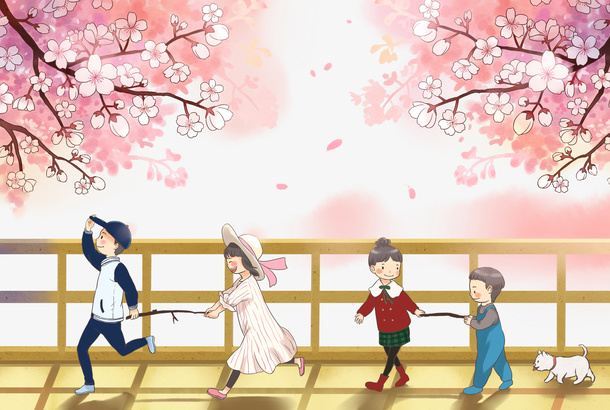 春天手绘人物狗樱花免抠手绘/卡通手绘元素
