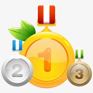 三个奖牌和绿色树叶免抠