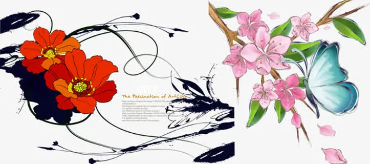 飘落的桃花与蝴蝶矢量图免抠