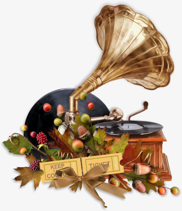 实物装饰留声唱片机蝴蝶结免抠