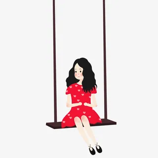 创意红色衣服荡秋千的女孩元素设免抠