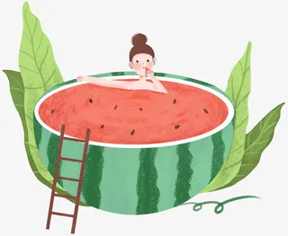 手绘卡通吃西瓜女孩免抠