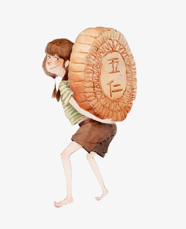 卡通背月饼的少女中秋免抠