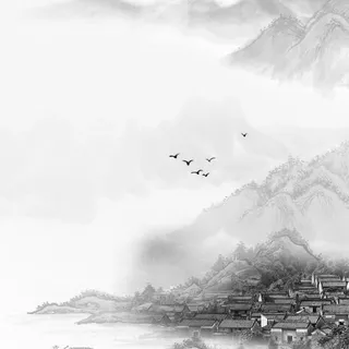 写意村庄山水水墨画免抠