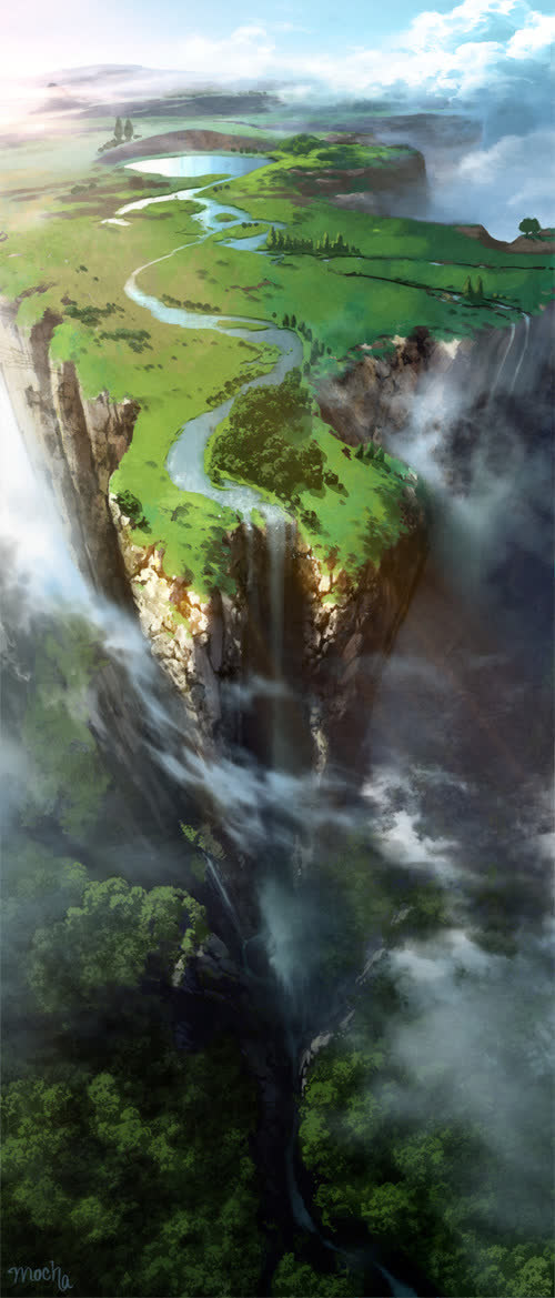 卡通游戏蓝天白云草地河流免抠背景摄影风景元素