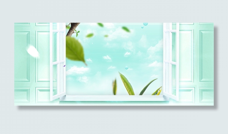 春天窗外景色绿叶蓝色banner高清