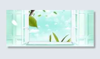 春天窗外景色绿叶蓝色banner高清
