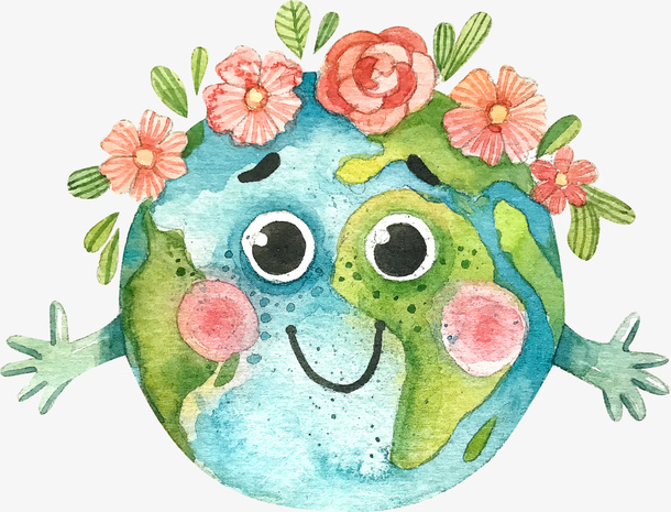 微笑水彩开心地球免抠