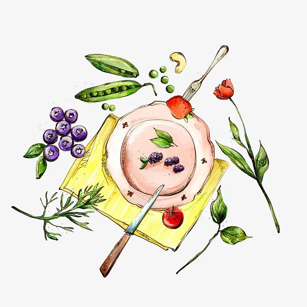 手绘餐桌上的迷迭香美食插画免抠免抠