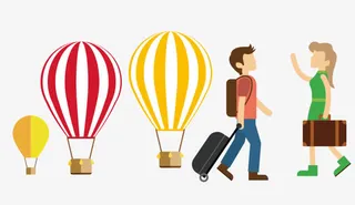 卡通热气球旅行女孩男孩回家免抠