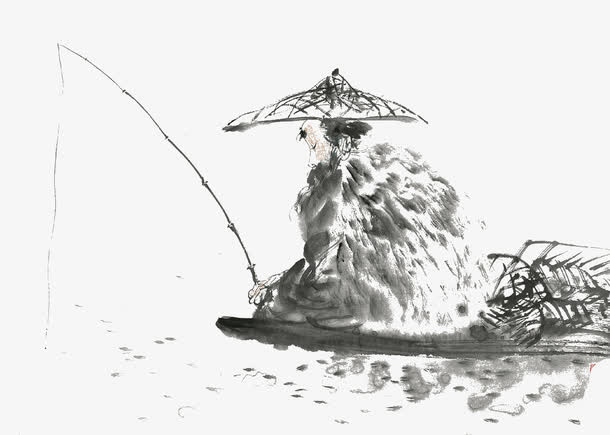 穿蓑衣水墨垂钓免抠