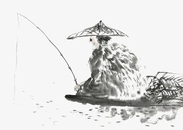 穿蓑衣水墨垂钓免抠
