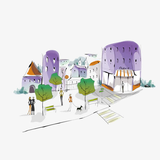 矢量蓝色卡通儿童彩绘街边步行街免抠