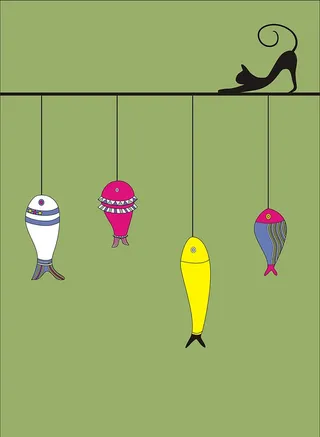 卡通小鱼小猫绿色背景高清