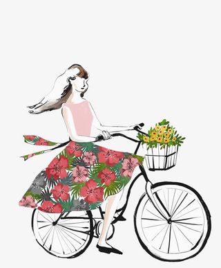 小清新粉色碎花裙骑自行车的女孩免抠
