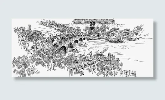 古代桥上集市免抠