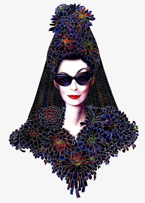 手绘墨镜女免抠