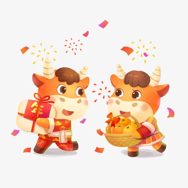 生肖牛手绘元素图提篮免抠节日元旦/春节/元宵元素