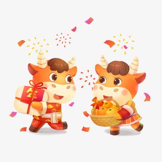生肖牛手绘元素图提篮免抠节日元旦/春节/元宵元素