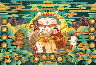 国潮手绘个性背景中秋团圆高清