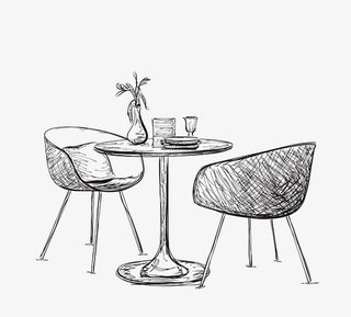 手绘一张圆桌与2个板凳免抠