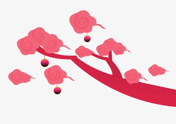 扁平红色树枝云朵免抠