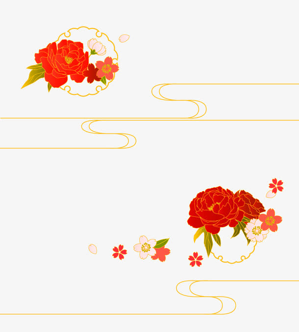 红色中国风花朵云朵边框纹理免抠
