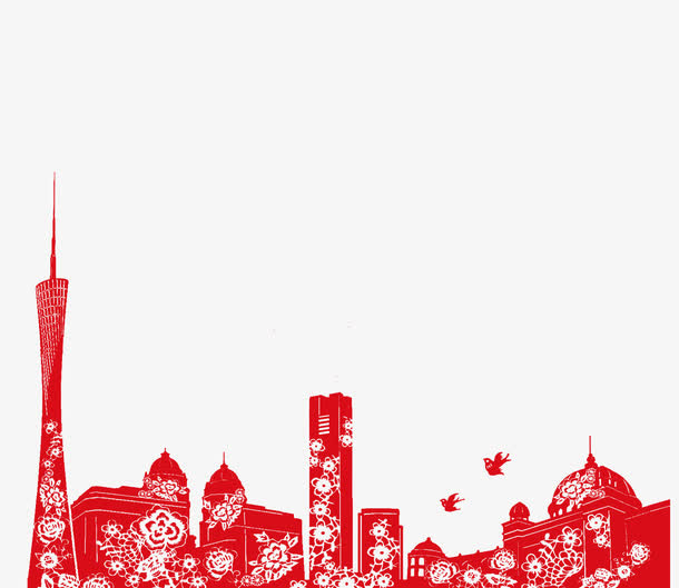 红色剪纸城市建筑免抠