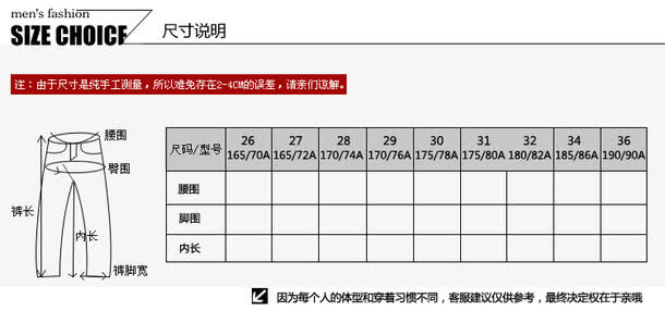 裤子尺码参照表免抠