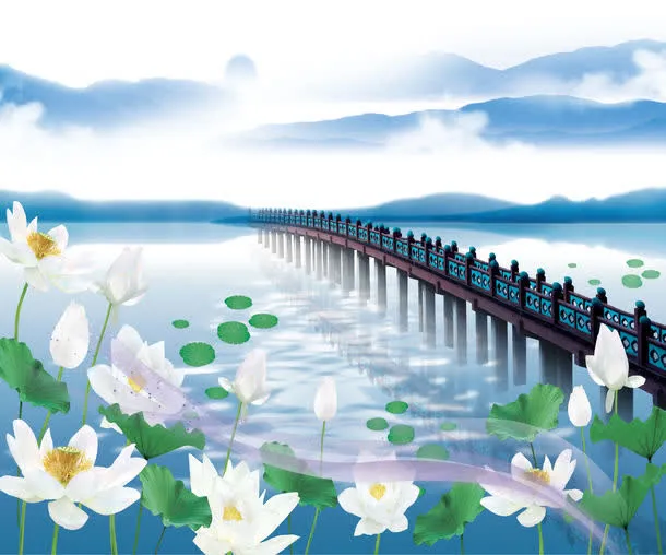 湖泊桥鲜花背景