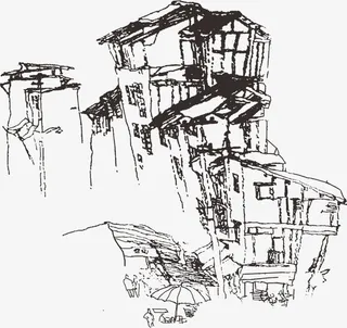 手绘老街楼阁线稿图免抠