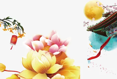 节日素材手绘彩莲灯笼腊梅免抠