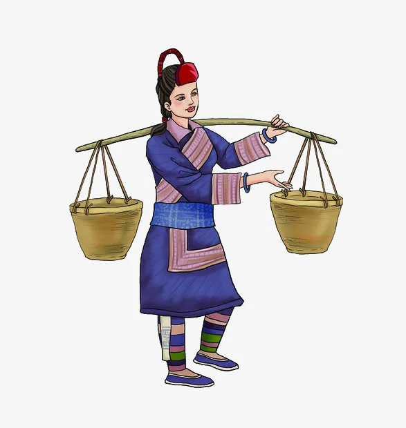 挑扁担的畲族少女免抠