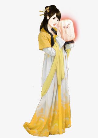 彩绘立绘黄衣服抱着灯笼美女免抠