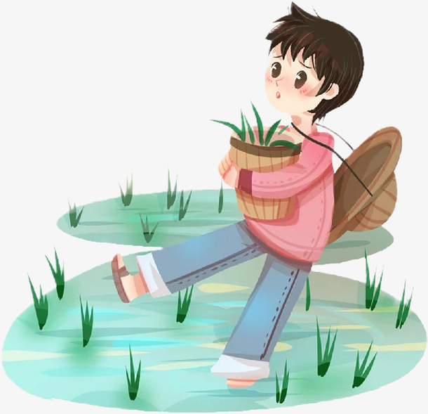 手绘春天插秧免抠