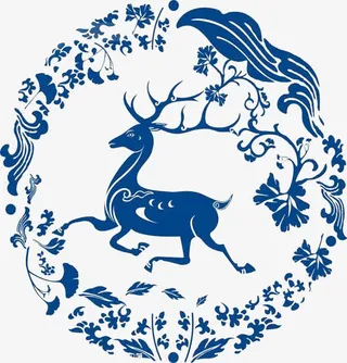 青花麋鹿图案免抠