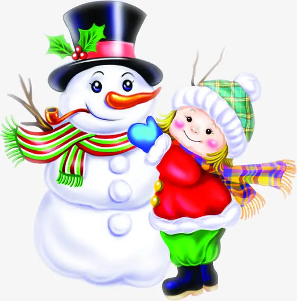 创意合成手绘小朋友和雪人免抠