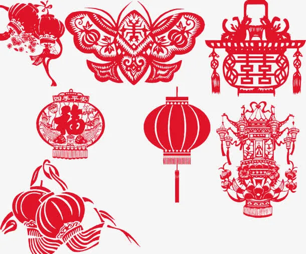 中国年 剪纸 喜 福 灯笼 免扣素材pn免抠