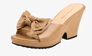 蝴蝶结驼色高跟拖鞋免抠