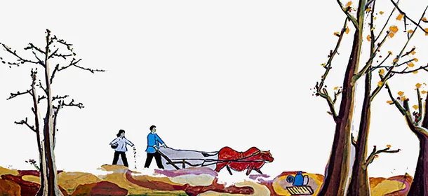 在梯田用牛车耕作的夫妻油画免抠