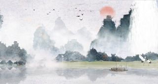 中国风古典山水画小船漂流免抠