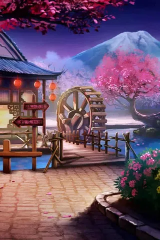 立绘擦灰风格樱花树房子简车免抠背景卡通/手绘元素