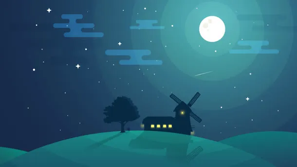 手绘蓝色星空草地免抠