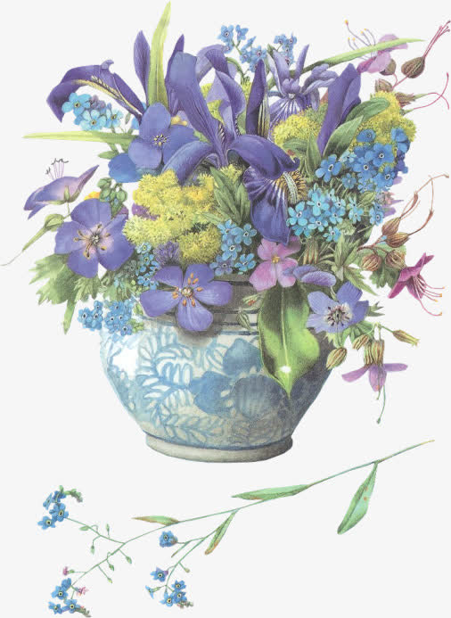 水彩蓝花红色花瓣免抠
